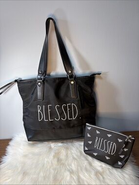 Rae Dunn "Blessed" tote bag and a matching cosmetic pouch
